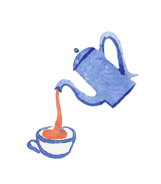 Akvarell teáskanna egy csésze narancs és kék színekben. Az S-ben — Stock Fotó