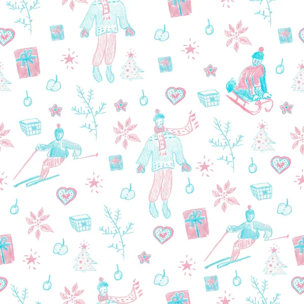 Modello senza cuciture con illustrazioni ripetute. Un ornamento natalizio con elementi rosa e blu. Persone in abiti invernali, regali, stelle, rami di abete disegnati con pastelli di cera — Foto Stock