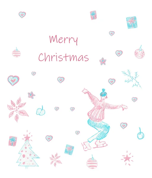 Cartão de Natal. Uma ilustração com a pessoa vestida com roupa de inverno, presentes, um abeto, maçã, um poinsettia, uma decoração de árvore de Natal, estrela e corações em cores azuis e rosa . — Fotografia de Stock