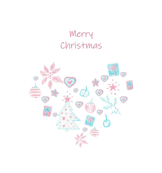 Christmas card. An illustration with the person dressed in winter clothes, gifts, a fir-tree, apple, a poinsettia, a Christmas tree decoration, star and hearts in blue and pink colors. — 스톡 사진