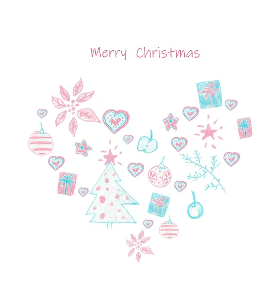 Christmas card. An illustration with the person dressed in winter clothes, gifts, a fir-tree, apple, a poinsettia, a Christmas tree decoration, star and hearts in blue and pink colors. — Stok fotoğraf