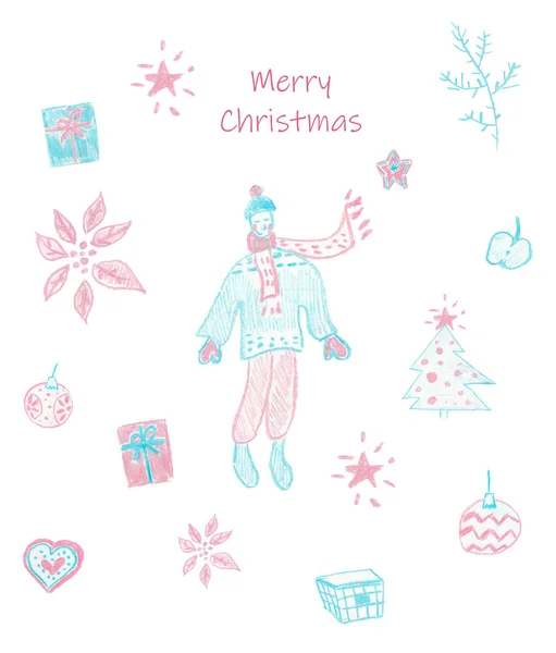 Christmas card. An illustration with the person dressed in winter clothes, gifts, a fir-tree, apple, a poinsettia, a Christmas tree decoration, star and hearts in blue and pink colors. — 스톡 사진