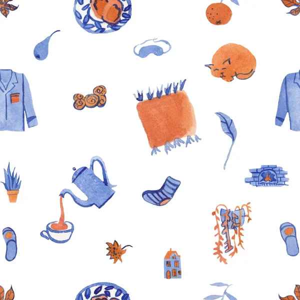 Scandinavian seamless pattern. Nordic winter style. Hygge sock, a cat, a pillow a plate with toasts, tangerine, a leaf of a chestnut, a teapot with a cup. In blue and orange shades a background.