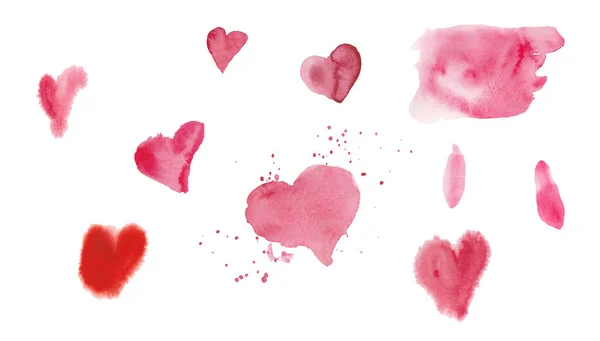 Állítsa akvarell rózsaszín textúrák. Spots, vonalak és szívek St. — Stock Fotó