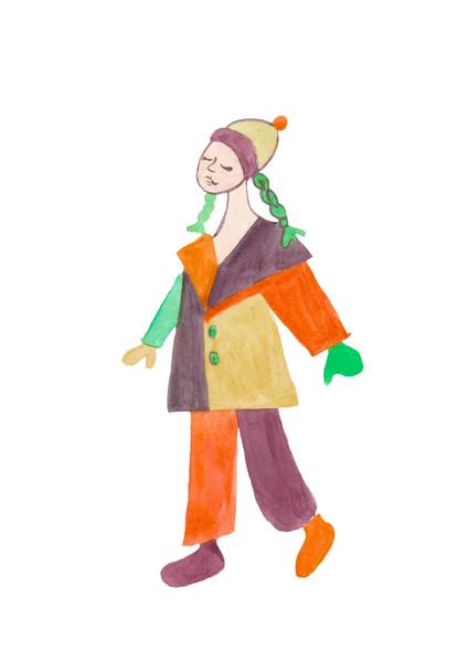 Akwarela jesień dziewczyna ubrana w jasny płaszcz zielony, żółty, pomarańczowy i bordo odcieni. Dziecko w odzieży wierzchniej. Projekt kart, plakatów, naklejek i tkanin. — Zdjęcie stockowe