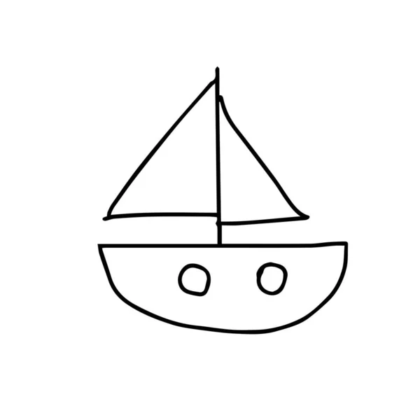 Vector Doodle Iate Infantil Mão Barco Desenhado Fundo Branco Isolado — Vetor de Stock