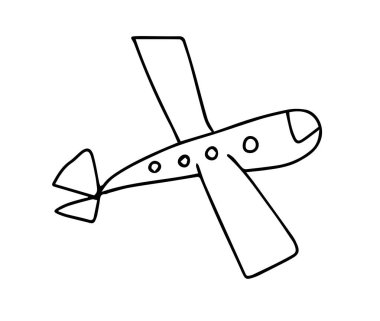 Vector Doodle izole edilmiş beyaz bir zemine çocuksu uçak eli çizilmiş. Siyah çizgili uçak çizimi simgesi. Kartlar, renkler, tekstil, ambalaj kağıdı, çıkartmalar, web ve mobil için tasarım.