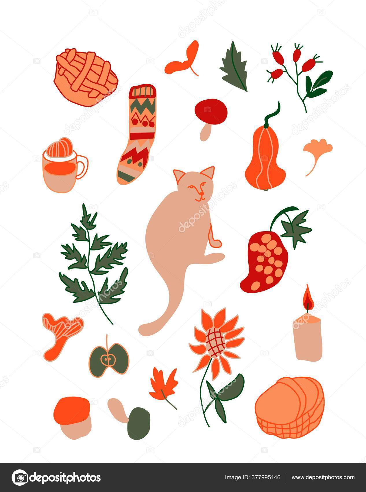 Vektor Musim Gugur Set Illustrations Dengan Mawar Kucing Daun Lilin Stok Vektor C Lucyinthepaint 377995146