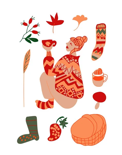 Set Otoño Vector Ilustraciones Con Chica Hojas Tetera Botas Cappuccino — Archivo Imágenes Vectoriales