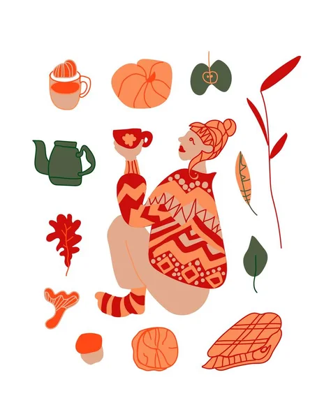 Set Otoño Vector Ilustraciones Con Chica Hojas Vela Tetera Calabaza — Archivo Imágenes Vectoriales