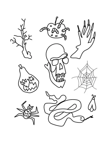Vector Set Halloween Clip Art Illusztrációk Fekete Vonal Firka Kézi — Stock Vector