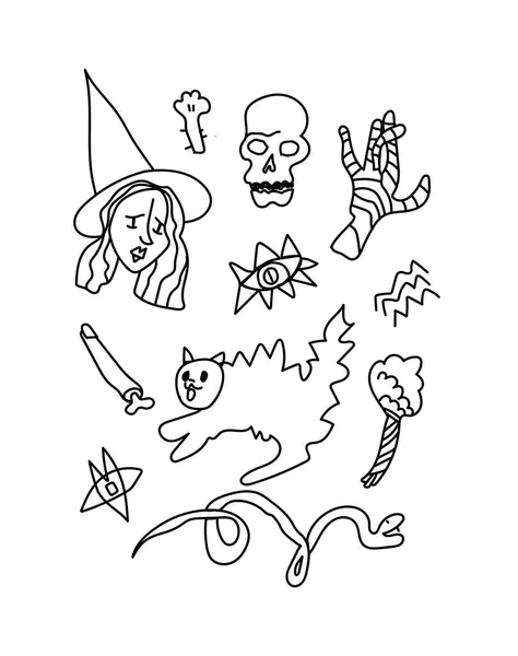 用黑线涂鸦手笔画的剪贴艺术图解可怕的南瓜 神秘的符号 兔子脚 魔法师的手 设计邀请函 社交媒体 — 图库矢量图片