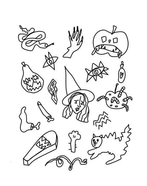 Vector Set Halloween Clip Art Illustrations Black Line Doodle Hand — Stock Vector