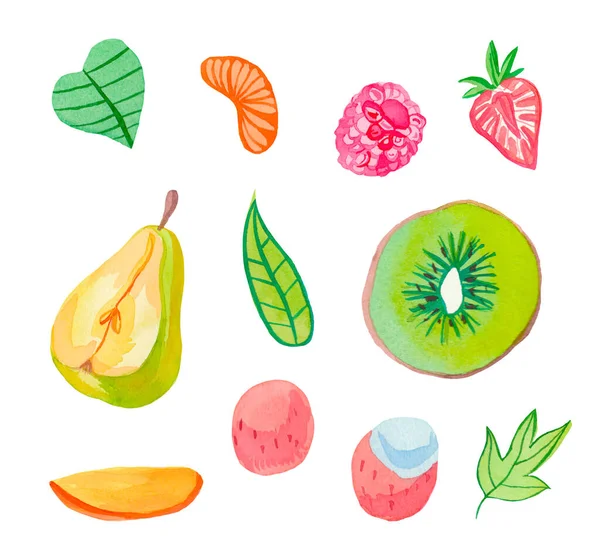 Akvarell Készlet Lédús Gyümölcsök Körte Licsi Kivi Málna Eper Mangó — Stock Fotó