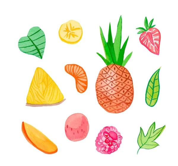 Akvarell Uppsättning Saftiga Frukter Kiwi Lichi Ananas Hallon Bitar Jordgubbar — Stockfoto