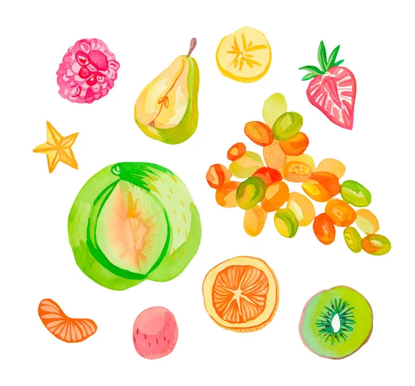 Conjunto Aquarela Frutas Suculentes Carambola Kiwi Pêra Lichia Uvas Melão — Fotografia de Stock