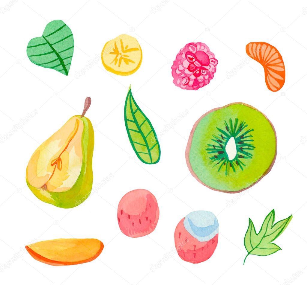 Watercolor set of juicy fruits.Pear,lychee,kiwi,raspberry, bits of banana,mango and leaves.Clip art food illustration on a white isolated background. Design for menu,card,advertising,packaging.