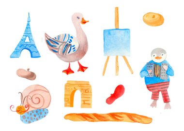 A large watercolor set of French elements. Nice clip art journey to Europe with penguin, duck, sights, mime, artist, molbert, baguette, snail, beret. Design for advertising, social networks. clipart