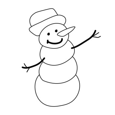 Karalama tarzında vektör Noel illüstrasyonu. Siyah şapkalı neşeli kardan adam. Kart, web, sosyal ağlar, ambalaj, poster tasarımı