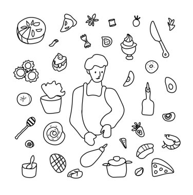 Bir aşçı çocuk tarafından ayarlanmış bir vektör. Pasta, pasta, karides salatası, çörek, ravioli, spagetti, meyve ve sebze, bıçak, zeytinyağı, avokado ile klip sanatı çizimleri. Menü, reklam ve web tasarımı.. 