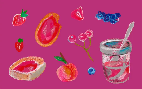 Набор Ягод Джемом Тостами Окрашен Восковыми Карандашами Еда Проиллюстрирована Розовыми — стоковое фото