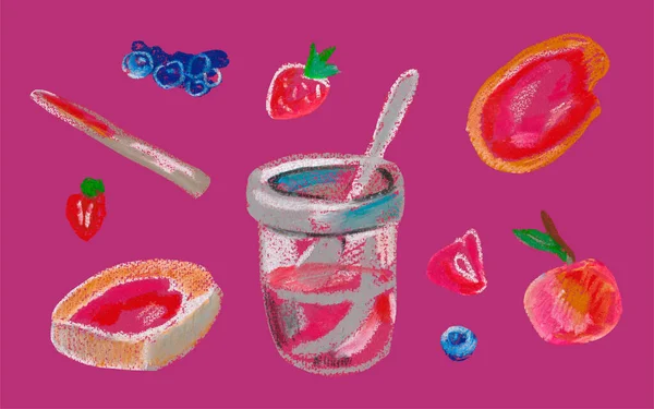 ジャムとトーストをワックスクレヨンで描いたベリーのセット 食べ物はピンクとバーガンディの色合いで隔離された背景に描かれています — ストック写真