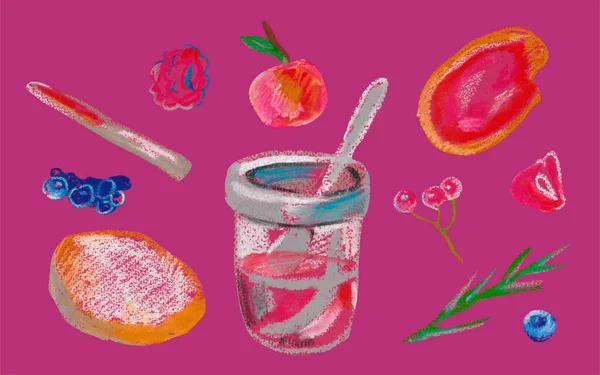 Szett Bogyók Lekvárral Pirítós Festett Viasz Zsírkréták Élelmiszer Illusztrált Rózsaszín — Stock Fotó