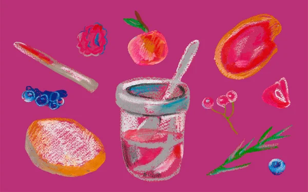 Set of berries with jam and toast painted with wax crayons.The food is illustrated in pink and burgundy shades on an isolated background.Design for menus,recipes,banners,social networks.