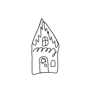 Yeni yıl evinin basit bir vektör illüstrasyonu. Elle çizilmiş siyah çizgili Noel resmi. Kartlar, renkler, sosyal ağlar, web, reklamcılık, pankartlar, menü için tasarım.