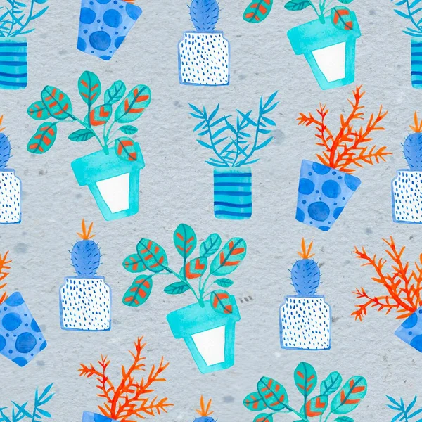 Watercolor seamless pattern with house plants in pots in Aqua Menthe and Phantom Blue,Lush Lava.Modern print on grey isolated background hand drawn. Design for wrapping paper,textile,wallpaper.