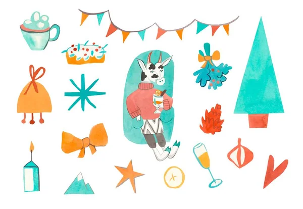 有橙色 棕色和蓝色的公牛 新年和假日艺术 色彩不同寻常 圣诞树玩具 背景白色孤立 海报的设计 — 图库照片