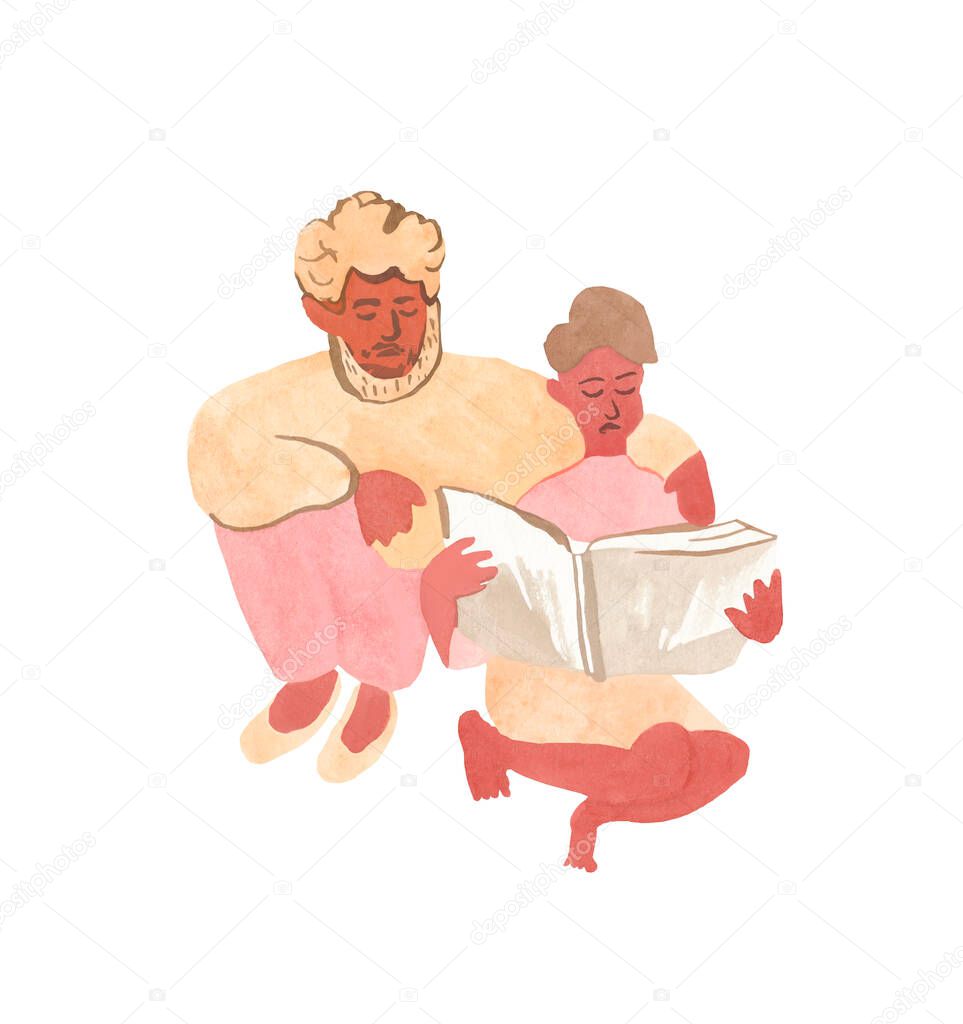 Watercolor illustration of a father and son reading a book.Picture of a parent occupying Boho style with his child on a white isolated background.Design for banners,advertising,cards,social networks.