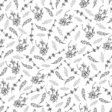 Dalları ve yaprakları karalama tarzında vektörsüz desen. Beyaz arkaplanda el boyaması siyah çizgi. Renklendirme, ambalaj kağıdı, duvar kağıdı, tekstil, baskı, baskı için tasarım..