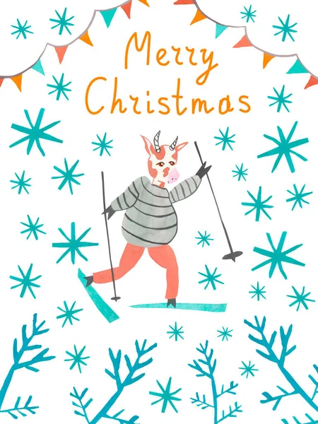 Carte Noël Avec Symbole Taureau Aquarelle 2021 Style Doodle Flyer — Photo