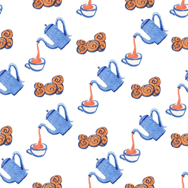 Seamless pattern about a watercolor teapot with a cup of tea and cinnabon with orange and blue shades. Scandinavian hygge style. Design for textile,fabric,paper.