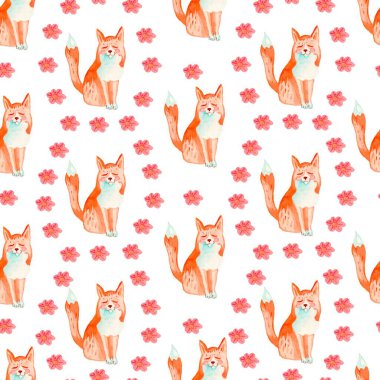 Tilki ve primrosla kusursuz suluboya deseni. Beyaz yalıtılmış arka planda şirin bir hayvanla baskı. Narin bahar çiçeklerinde süsleme.