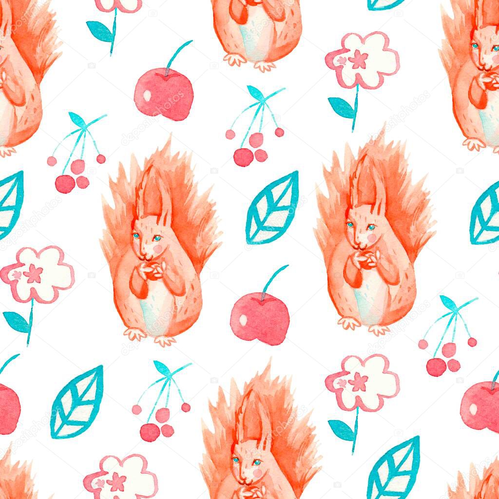 Seamless watercolor pattern with squirrel,apple,berries and leaf.Print with a cute animal on a white isolated background.Ornament in sensitive colors. Design for fabric,textiles,wrapping paper.