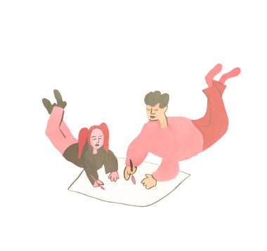 Kızıyla resim yapan bir babanın suluboya çizimi. Baba ve çocuk resim yapıyor. Resim, Boho tarzı. Posterler, kartlar, ambalajlar, sosyal ağlar için tasarım.