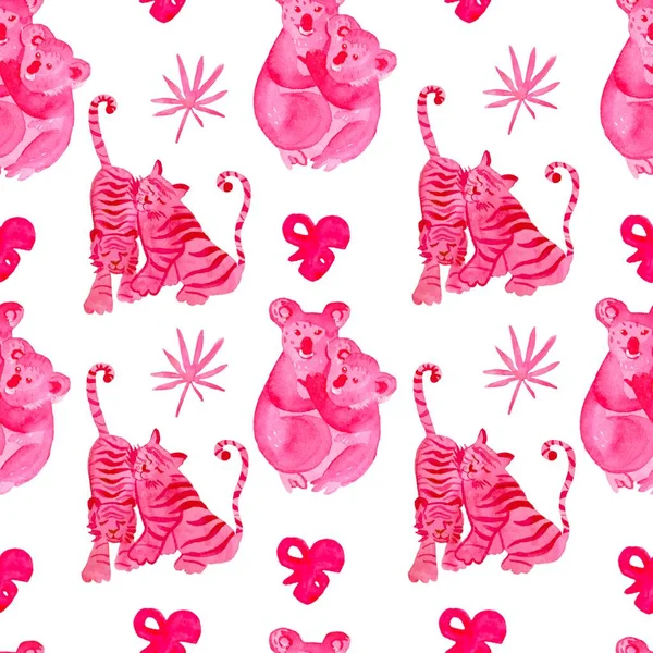 A watercolor seamless pattern with cute tigers and koala in pink. Print with animals on an isolated white background on Valentine\'s Day. Design for textiles, fabric, wrapping paper.