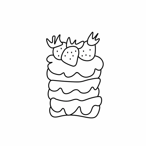 带有奶油和手绘草莓的矢量甜点 带有蛋糕的浪漫食品插图 带有黑线的涂鸦风格烘焙 社交网络 卡片设计 — 图库矢量图片