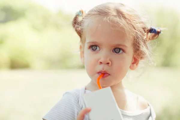 Zonnig portret van een klein kind drinken uit een rietje juiceon zomer achtergrond wazig — Stockfoto