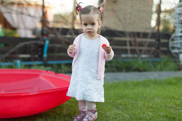 Photo soft focus de petite fille bouclée avec deux queues marchant dans la cour arrière sur l'herbe verte — Photo