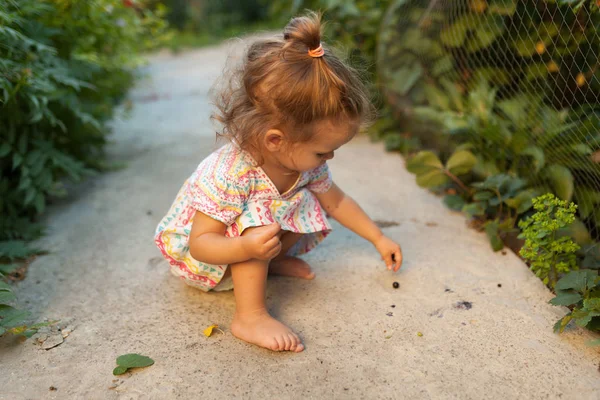 Een klein meisje gekleed in een trendy jurk wandelingen in de achtertuin of in het park op een warme zomer zonnige namiddag, zomer vakantie concept — Stockfoto