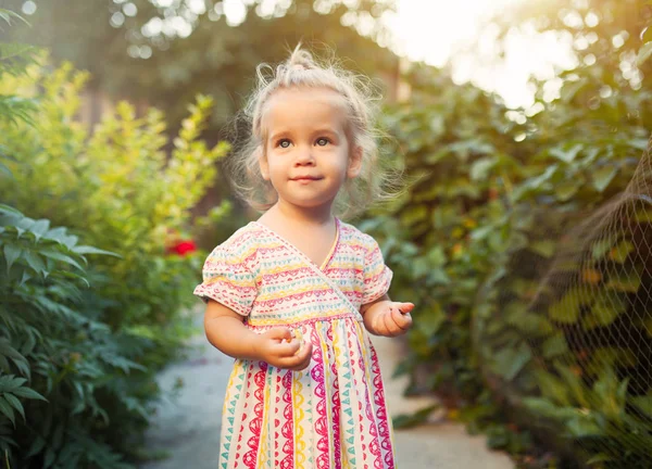 Een klein meisje gekleed in een trendy jurk wandelingen in de achtertuin of in het park op een warme zomer zonnige namiddag, zomer vakantie concept — Stockfoto