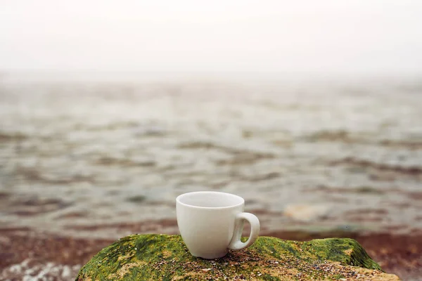 stock image White mug, mock up, empty space for artwork, text, standing on wood plank, turquoise sea, clear blue sky, horizon, sunlight, nature