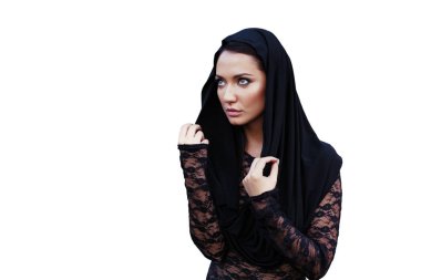 beautiful woman covers her head with hi jab.fashionable arabian style girl.beauty portrait clipart