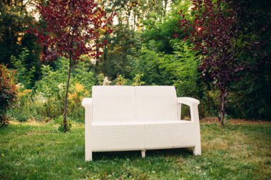 Yeşil davetkar bir bahçe kanepe yastıkları bir sarı çiçekli ağaç altında desenli.