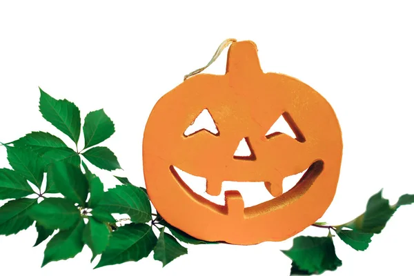 Halloween pumpkin with green leaves and white background. Isolated — Stock Photo, Image