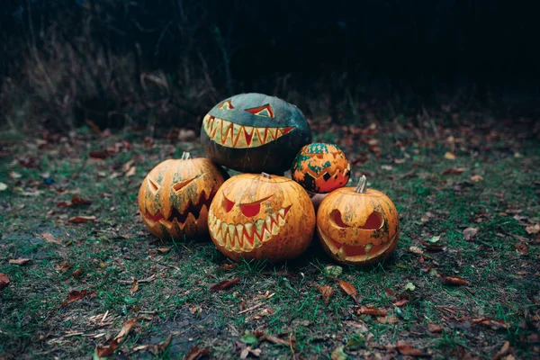 Groupe de citrouilles d'Halloween avec un visage sculpté couché sur le sol dans une forêt mystique sombre — Photo