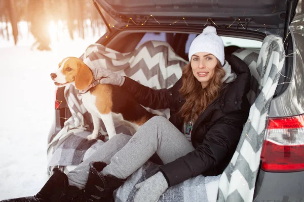 A young family of travelers woman are sitting in the trunk of their car in an embrace with their friend dog Beagle. Winter forest on the background. Traveling with a dog by car